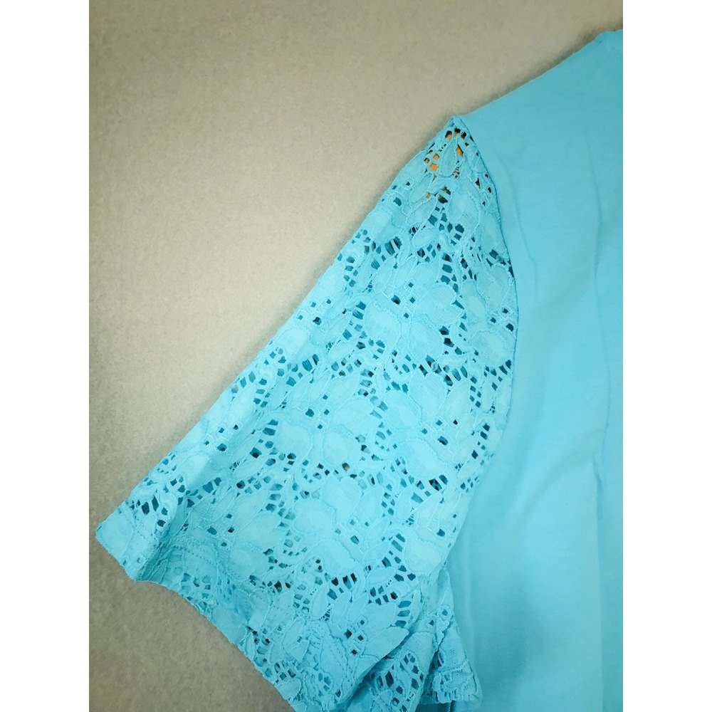 D & CO Round Neck Top w/t Lace Short Sleeves & Pockets Clear Aqua Blue Sz 1X NEW - Picture 4 of 7